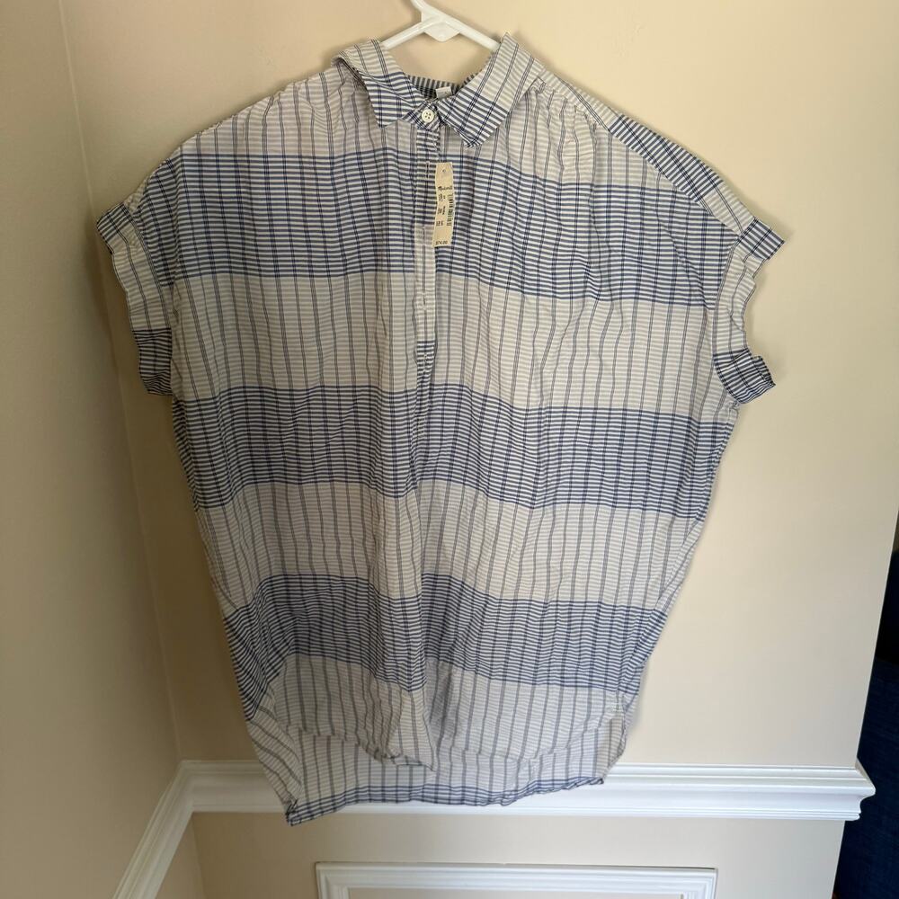 Madewell | NEW Blue Window Pane Preppy Short Sleeve 1/2 Button Up Blouse Sz XS - Picture 2 of 8